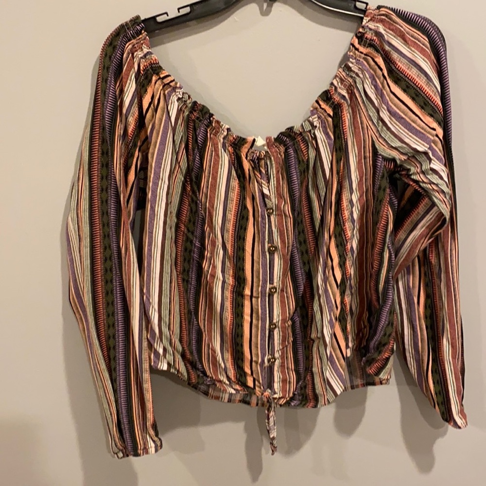 Boho striped button up, off the shoulder top